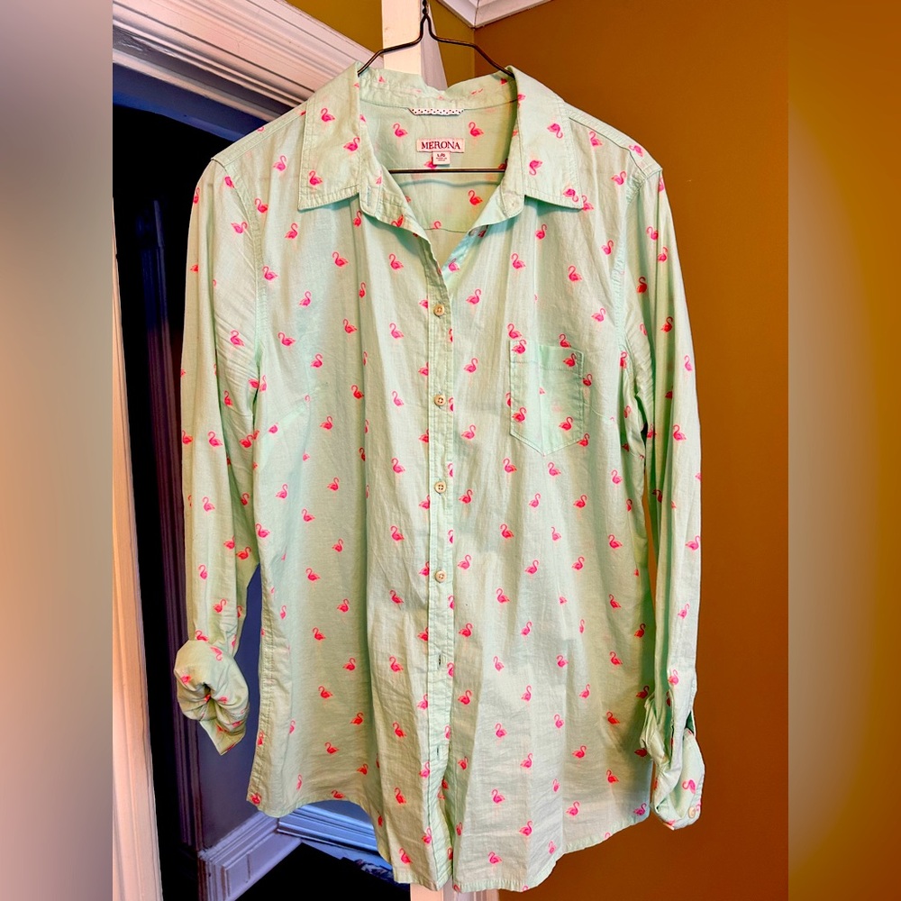 Merona button shirt, size Large, flamingo teal